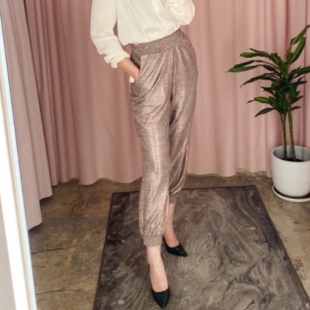 Anthropologie rose gold metallic jogger pants